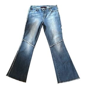 Vintage Y2K Mudd Jeans Sz 13JR Frayed Seam/Patchwork Lowrise Flare Hem Blue